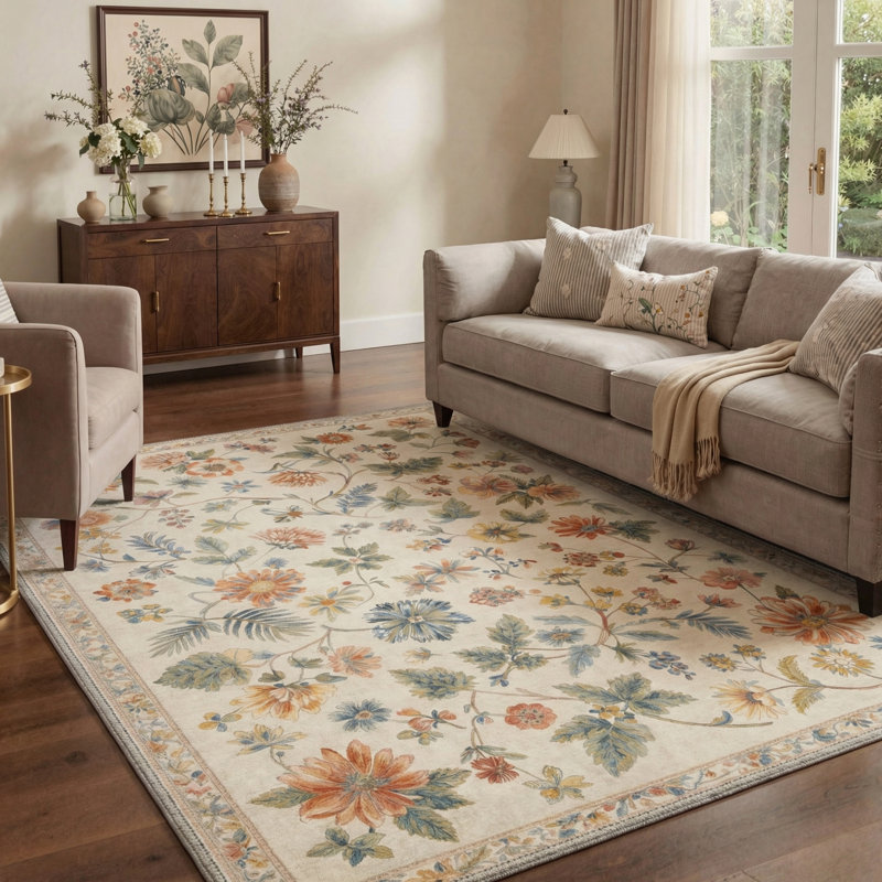 Tapis d'intérieur beige / vert / orange lavable à la machine Acker Verdant, Rectangle 6 pi x 9 pi