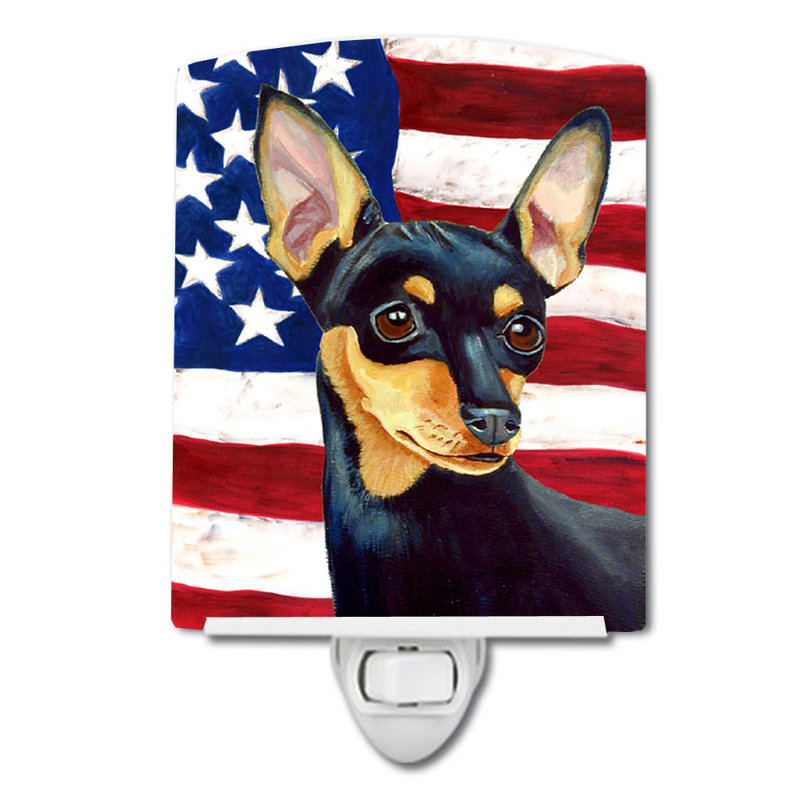 Drapeau américain avec éclairage en céramique terrier fox american, Pinscher nain noir