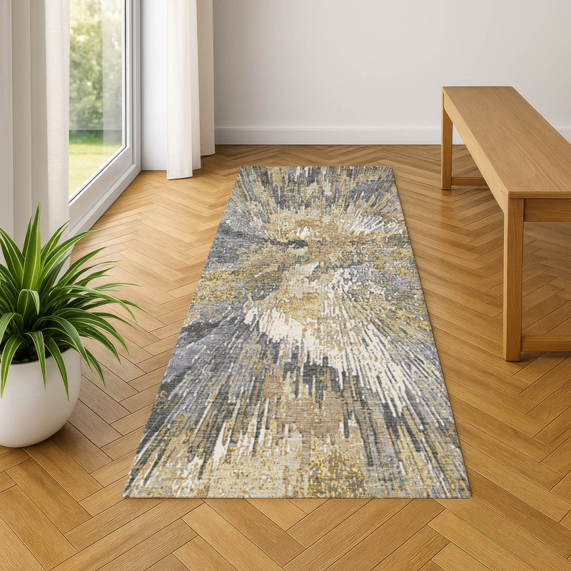 Premium Machine Washable Mayfield AMF2283 Abstract Rug, Gold, 2'3" x 7'6" Runner