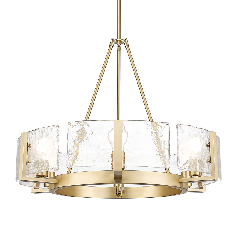 Lustre Yep par Slavin, Verre à eau ambré, Laiton champagne brossé, Six lumières