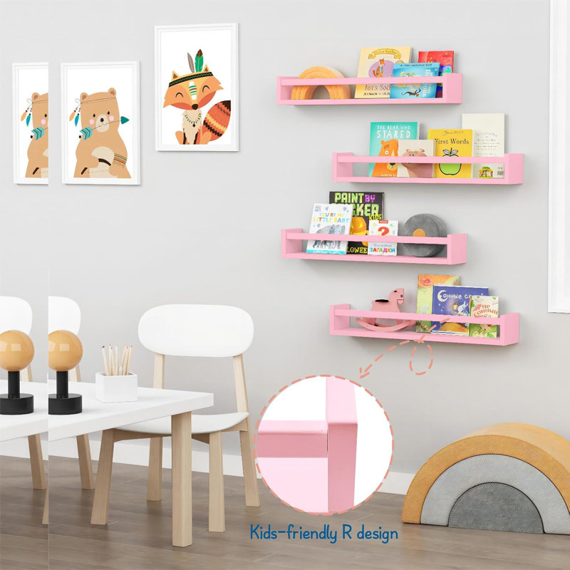 Natural Wood Floating Bookshelves For Wall, 24 Inches Long Nursery Bookcase For Kids Room, Bedroom, Playroom Organizer, Wall Mounted Shelf Set Of 4