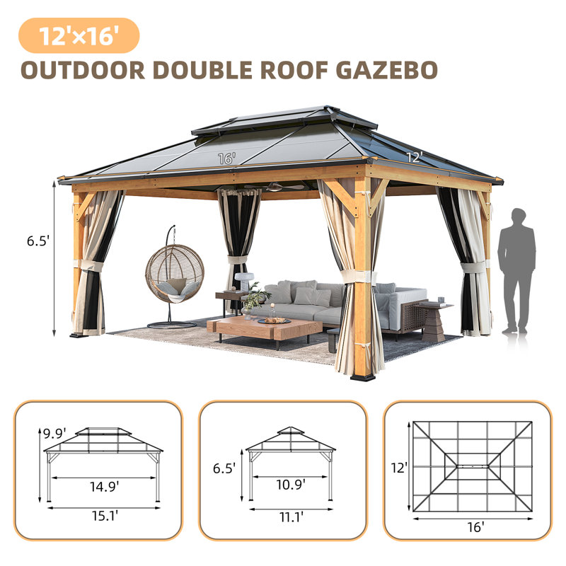 16 Ft. W X 12 Ft. D Solid Wood Hardtop Gazebo, Permanent Pavilion with Curtains and Netting, Outdoor Double Roof Canopy, Designed for Garden, Lawns, Patio