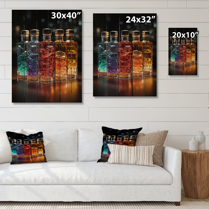 Liquor Spirit Drops Bottles I On Wood Print, H 20 po x l 10 po x P 0,78 po