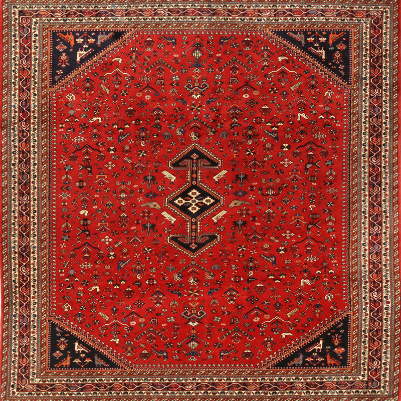 Tapis rouge/beige/noir traditionnel, Carré 4 pi