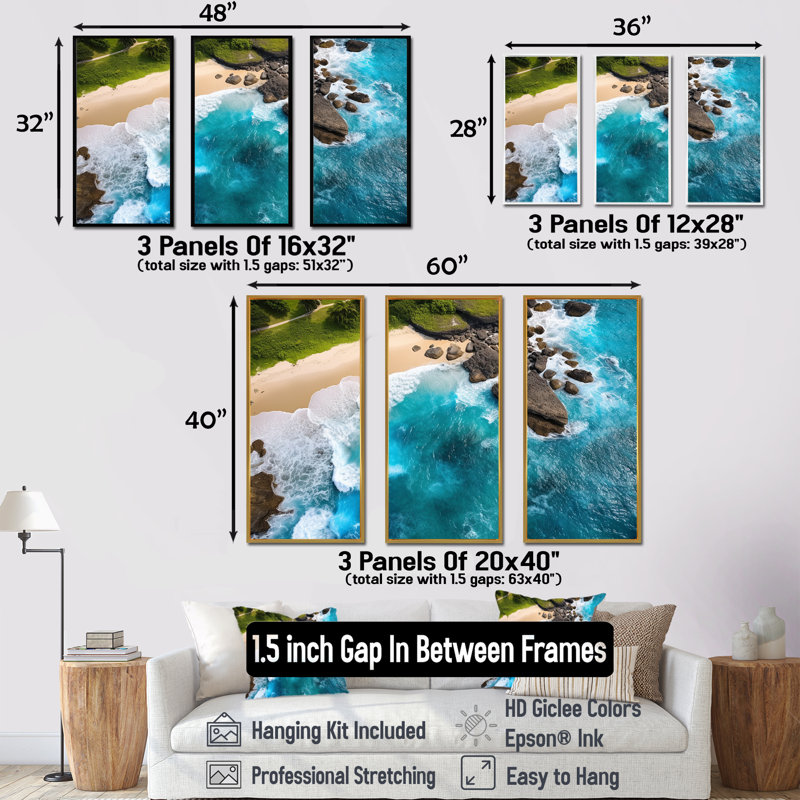 Vue aérienne de la plage rocheuse V - art mural plage et océan, Cadre flottant brun, H 40 po x l 61 po x P 1 po