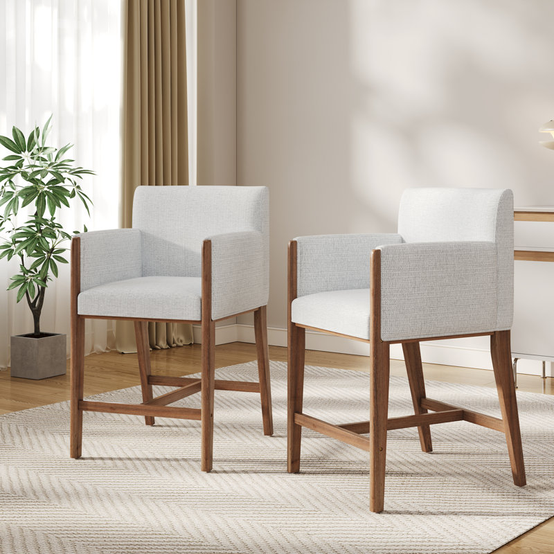 Brio Mid-Century Modern Upholstered Counter Stool with Arm, Beige Cushion/Walnut Frame