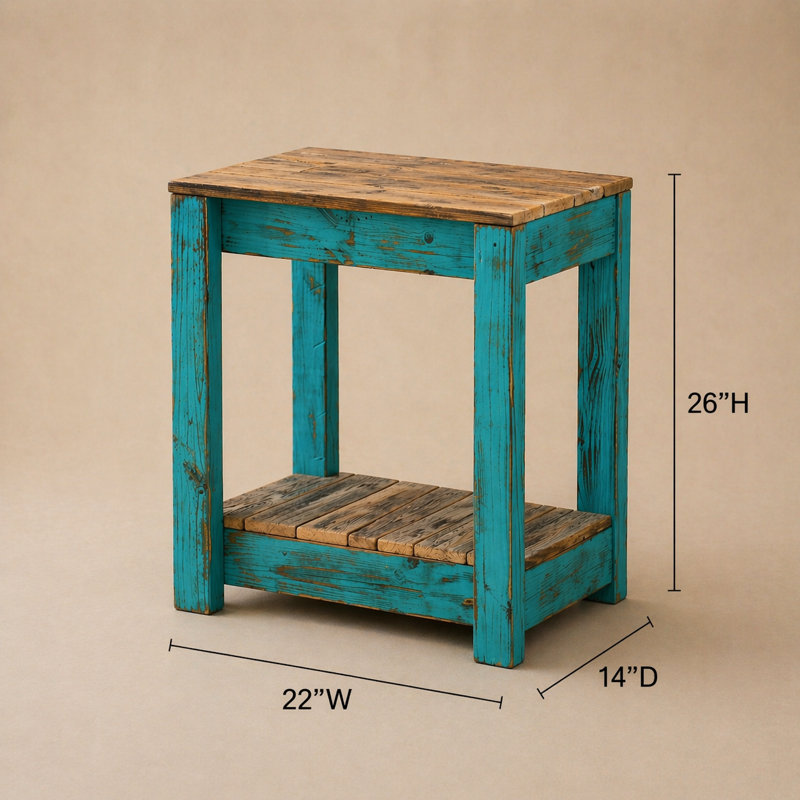 Avery 22'' Solid Wood End Table with Shelf – Handmade Reclaimed Wood Accent Table, Turquoise Combo, Turquoise
