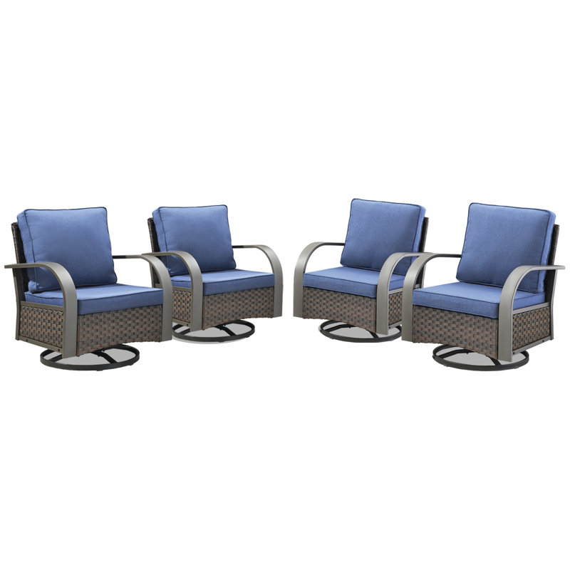 Bobra Patio Wicker Rattan Outdoor Swivel and Rocking Chairs With Cushions (Set Of 4), Blue