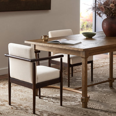 Huxley Mid-Century Modern Rubberwood Dining Arm Chairs with Upholstered Seat, Tapered Legs & Integrated Armrests