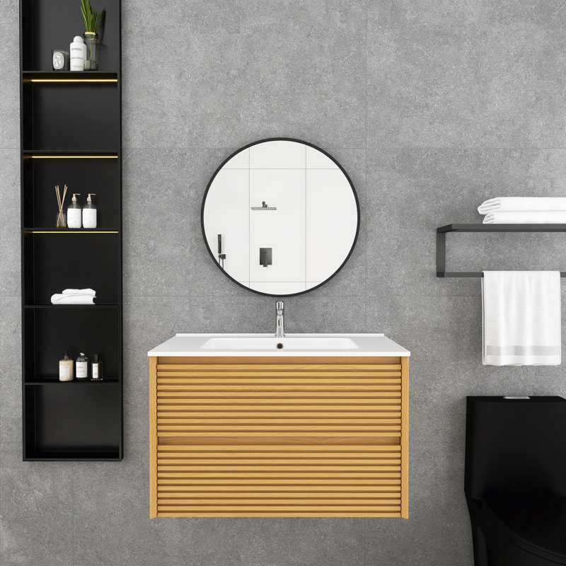 30 po Meuble-lavabo mural en contreplaqué en chêne clair avec tiroirs