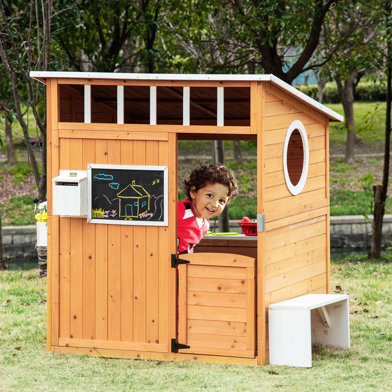 Outsunny Wooden Kids Playhouse with Bench and Flower Pot Holder