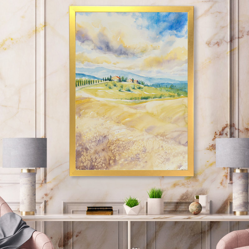 Paysage rustique italien - peinture sur toile, H 44 po x l 34 po, Toile avec cadre photo doré