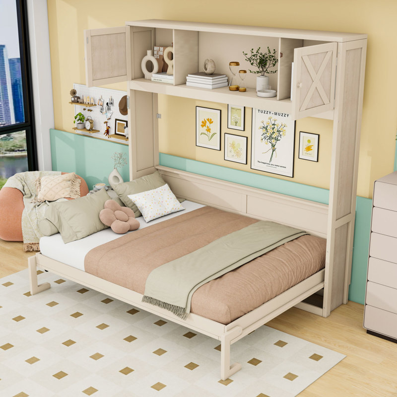 Grand lit escamotable en bois avec armoires de rangement, Beige
