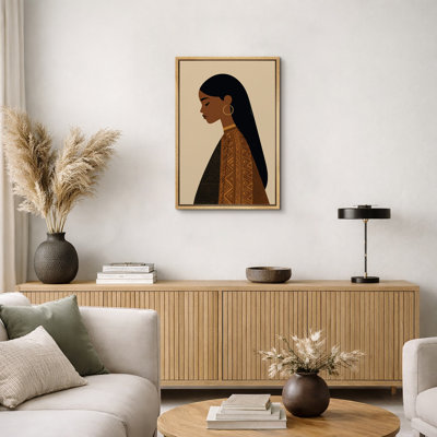 Profil de femme minimaliste dans un style géométrique brun chaud - impression d'art sur toile encadrée