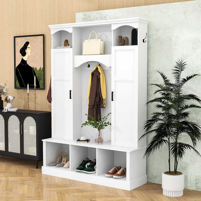 Sophisticated Wood Hall Tree with Hooks, Elegant Arch Details and Adjustable Shelves, White