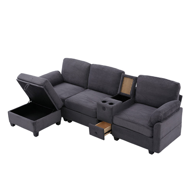 Canapé modulaire avec repose-pieds, Velours côtelé gris