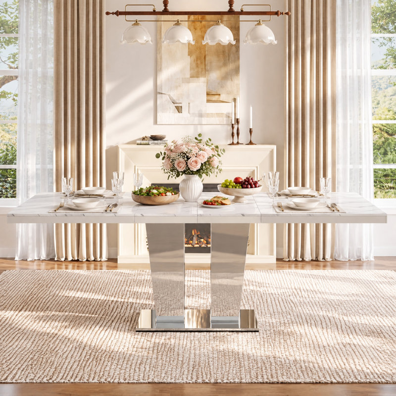 Table de salle à manger extensible en faux marbre de 160 à 240 cm (63 à 94,5 pouces) pour 6, 8 ou 10 personnes, grande table de cuisine avec piètement à colonnes argentées miroir.