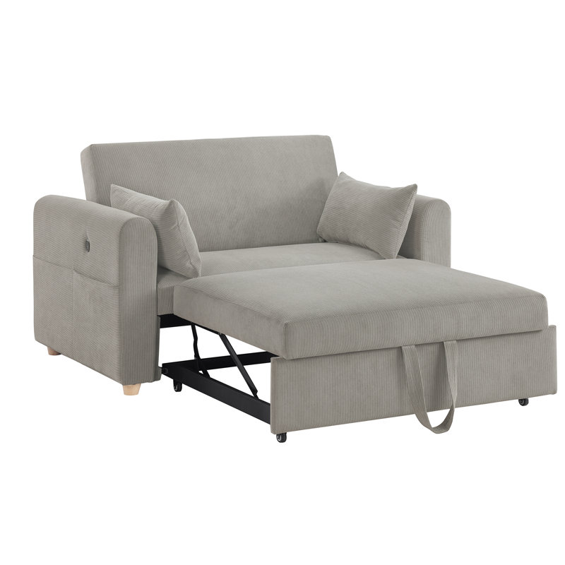 Luelle 57"W Corduroy Convertible Sleeper Loveseat With Cupholders, USB Ports, Magazine Pockets, Pillows, Tufting, Gray