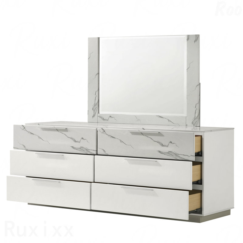 Two-Tone High-Gloss Marble & Lacquer Framed Accent Mirror - Oversized Reflective Surface