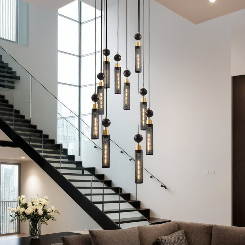 Lustre industriel 24 po, 9 lumières avec abat-jour en maille - sans ampoules