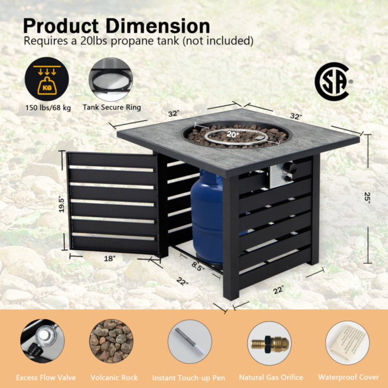 Table de foyer d'extérieur au propane 50 000 BTU avec pierres de lave et housse de pluie