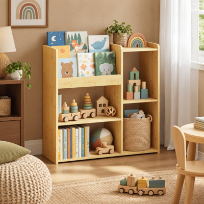 Bamboo Montessori-style kids' bookcase with front-facing book display and open toy storage, combining organization for books and play items in childre