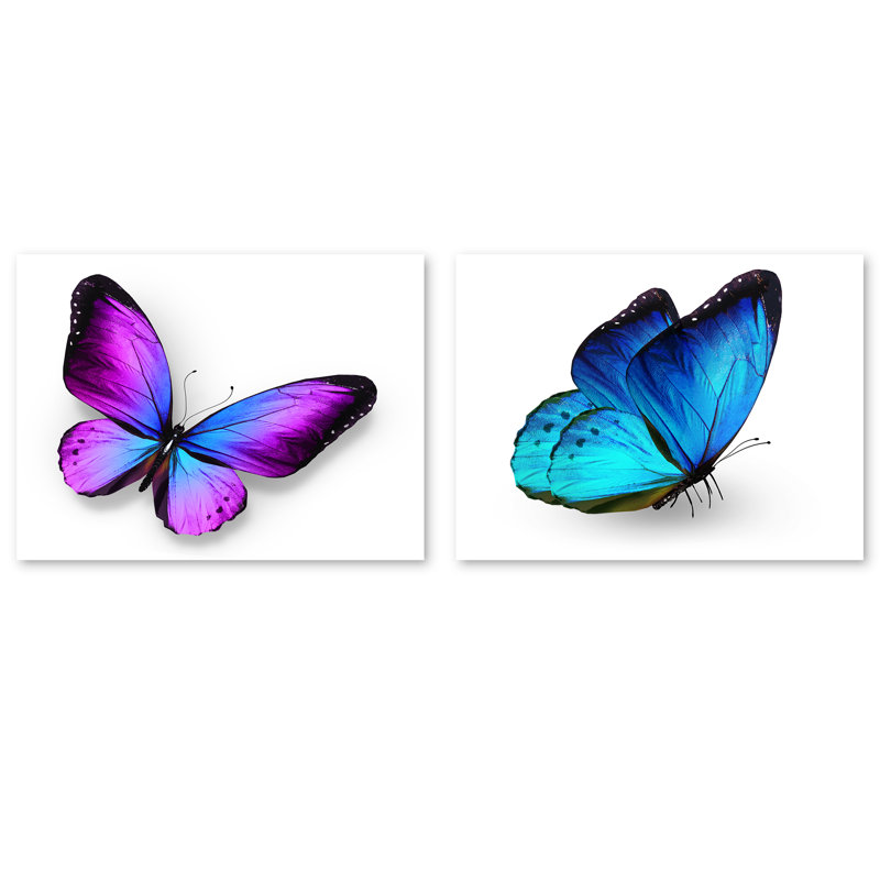 Violet et bleu papillon - ensemble de 2 peintures sur toile tendue, H 24 po x l 64 po x P 1 po