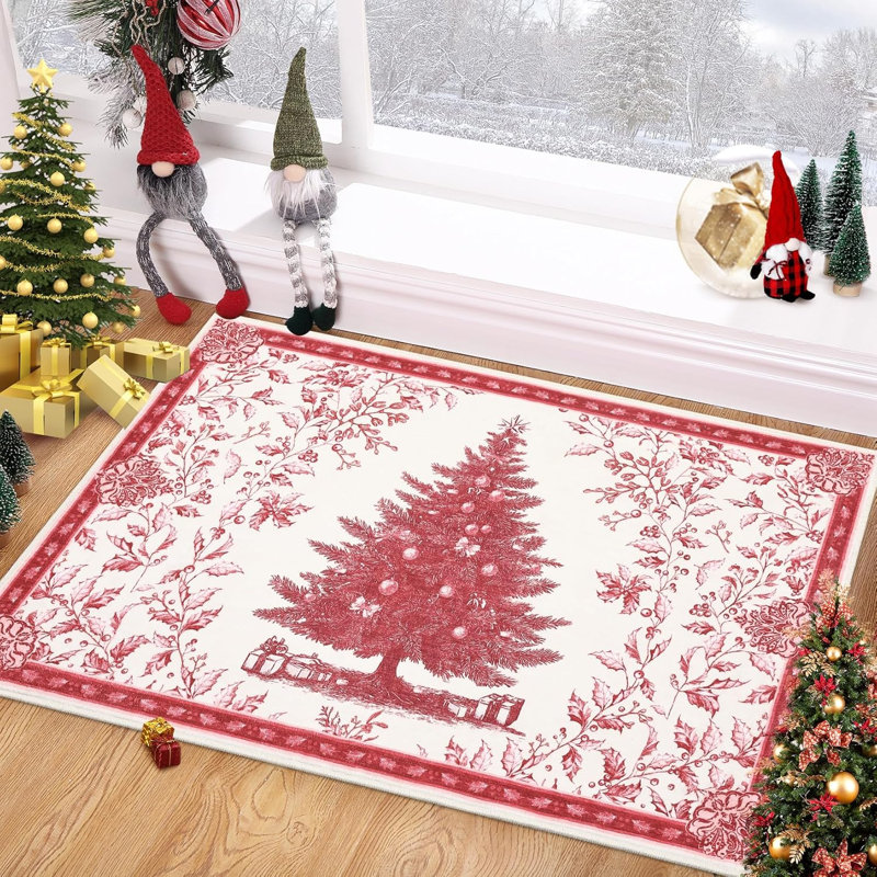 Christmas Tree Print Non-Slip Indoor Rug – Washable Soft Holiday Doormat for Entryway, Kitchen, Bathroom, Bedside -Thin Red Carpet