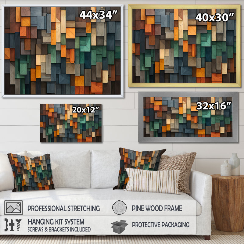 Cubes de mosaïque verts et jaunes pluie - tuiles abstraites, impressions encadrées, Cadre d'angle fermé noir
