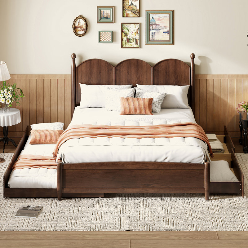 Grand lit plateforme rustique avec lit gigogne simple TG et 2 grands tiroirs de rangement - Bois de pin massif et panneau de fibres à densité moyenne, lit d'invité peu encombrant