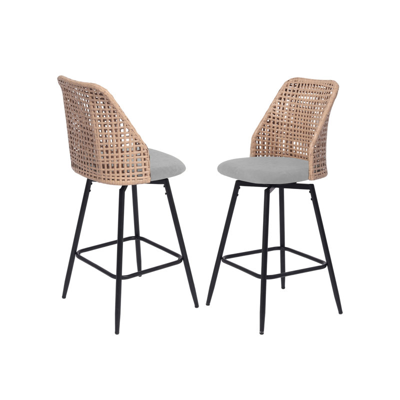 Swivel Upholstered Rattan Back Counter & Bar Stool, Light Grey