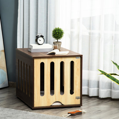 Table de bout Furniture Dog Crate. Brun, panneau de porte amovible, lit à coussin en mousse pour petits chiens et chiens de taille moyenne. Verrou, intérieur, ventilation avec porte, chiens de table, brun