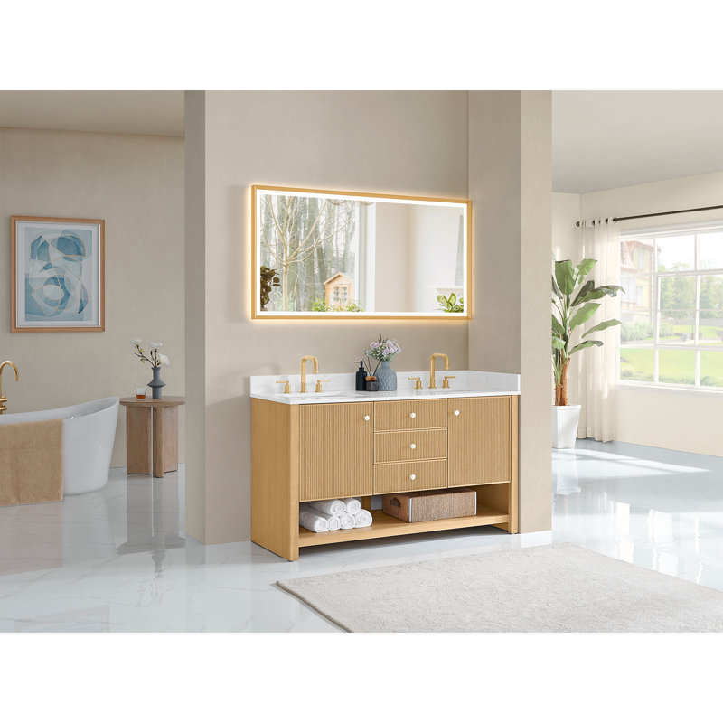 Ensemble de meuble-lavabo double 60 po en chêne blanc avec grain de pierre blanc Arnoltice, 60"