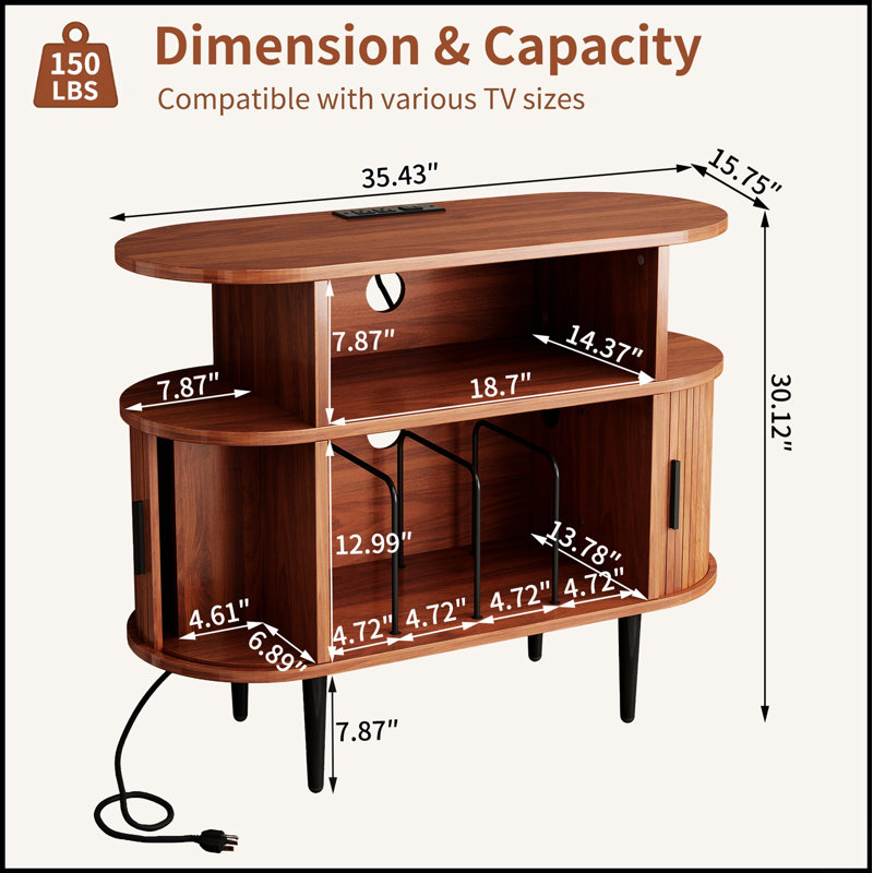 Grand support de tourne-disque rond avec station de charge, ports USB et armoire de rangement, support de table tournante moderne Mid-Century pour chambre à coucher ou salon