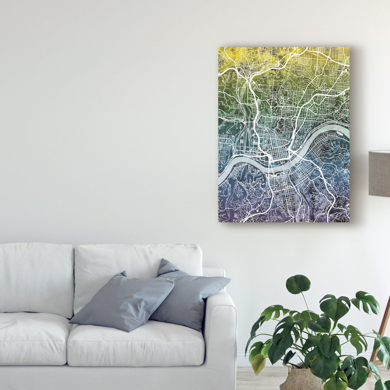 « cincinnati ohio city map blue yellow », impression sur toile tendue, H 19 po x l 14 po x P 2 po
