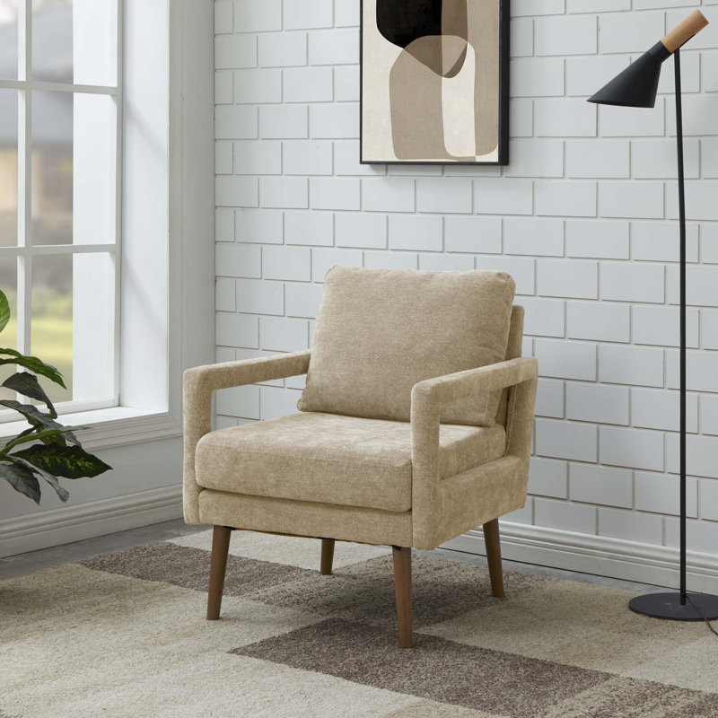 Mid-Century Armchair , Accent Chair with Chenille Armrest & Soft Cushion, Beige Fabric