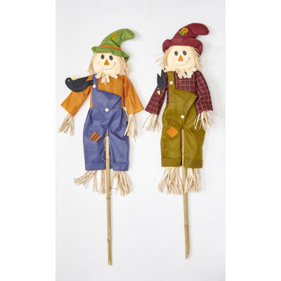 60" Scarecrow with Crow on Pole, Set of 2