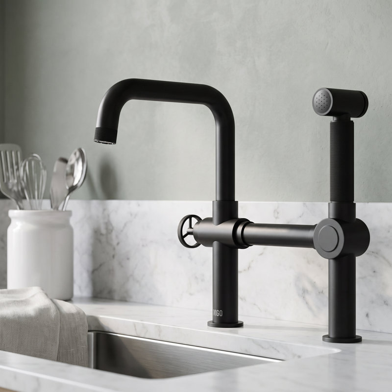 Cass 13 in. H Single-Handle High-Arc Widespread Bridge Kitchen Faucet with Pull-Out Side Sprayer, Matte Black