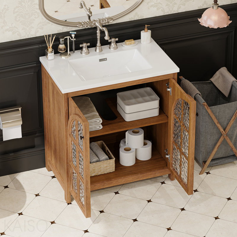 Meuble-lavabo 30 po en bois naturel rétro avec lavabo en céramique 30 po, Naturel antique