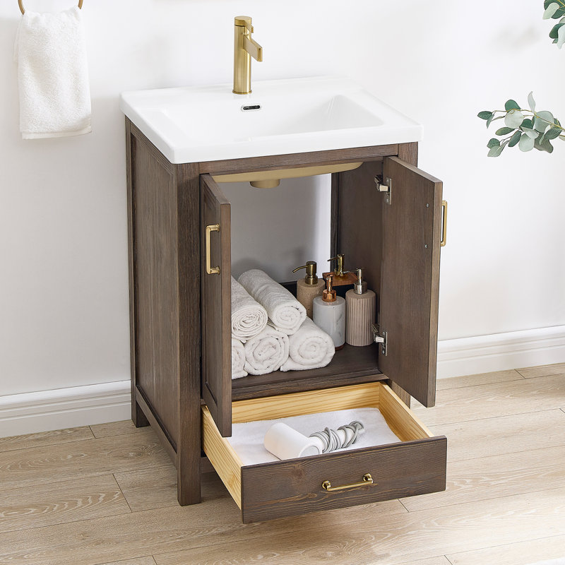 23.6'' Spruce Vintage Brown Single Bathroom Vanity with Ceramic Top