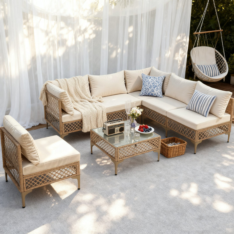 7 Piece Rattan Sectional Seating Group With Cushions, Beige