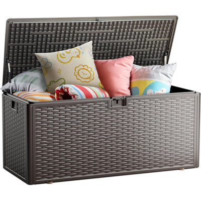 Boîte de rangement 110 gallons, résine imperméable double couche, boîte de rangement verrouillable et résistante aux rayons UV pour patio, jardin, piscine, brun