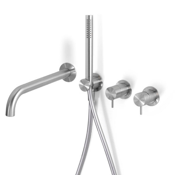 Acquaco Linki Loop Wall Mount Four-Hole Two Handle Bathtub Faucet with Hand Shower, Satin Gold PVD