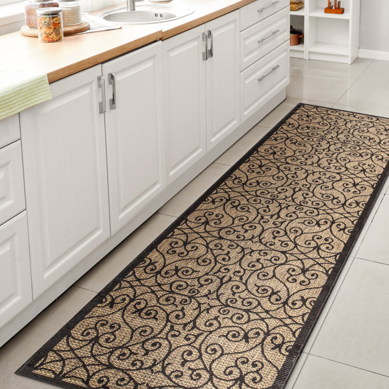 Haggerty Vintage Filigree Textured Weave Black/Khaki Indoor/Outdoor Rug, Runner 2'2" x 20'