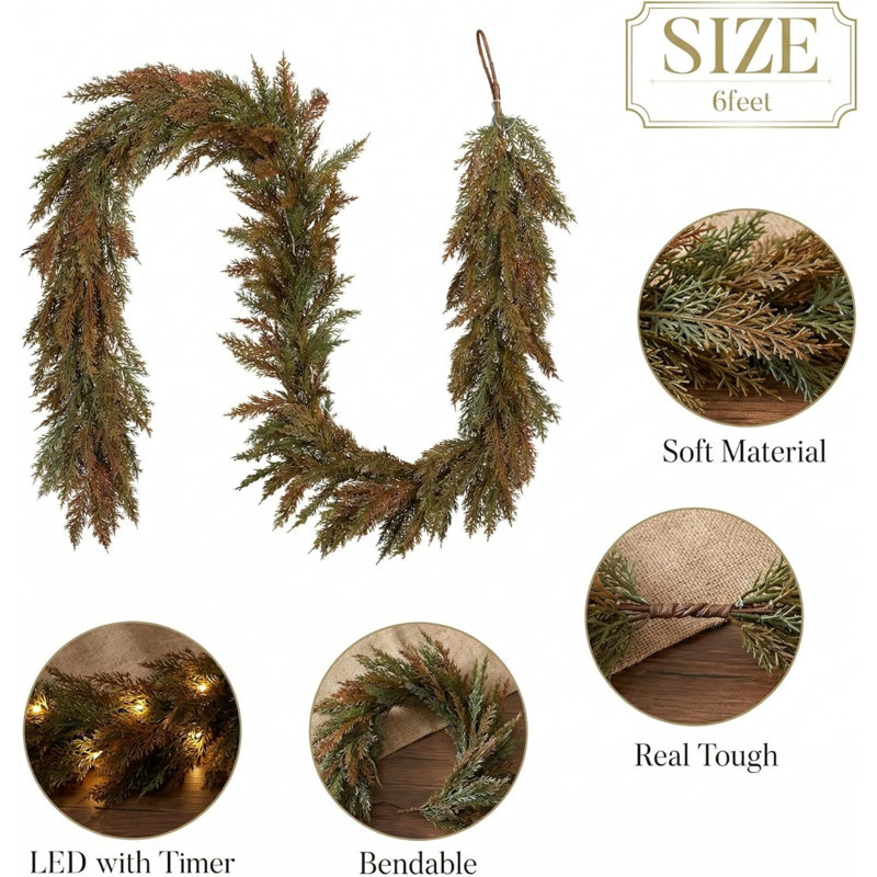 6ft/183cm Realistic Halloween Garland with Lights | Pre Lit Norfolk Pine Garland with 30 LED Lights, Halloween Faux Cedar Garland Real Touch Decorations for Halloween