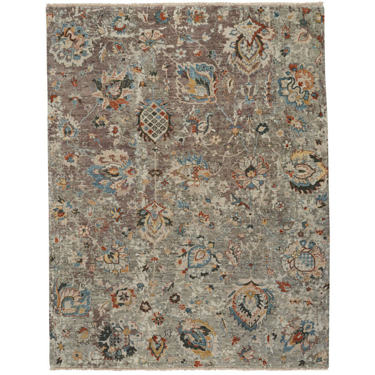 Hand Knotted Wool Floral Area Rug in Beige