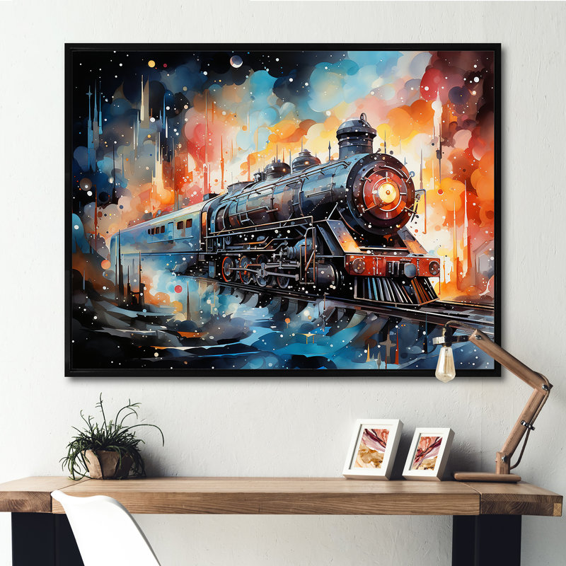 Train, vaisseau, voyage, retour vers le futur I - train, art mural, Cadre flottant noir, H 16 po x l 32 po x P 1 po