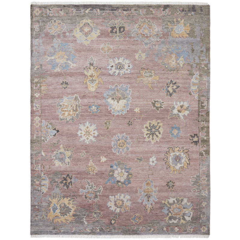 Tapis oriental rose en laine / viscose noué à la main Fozie, Rectangle de 10 pi x 14 pi