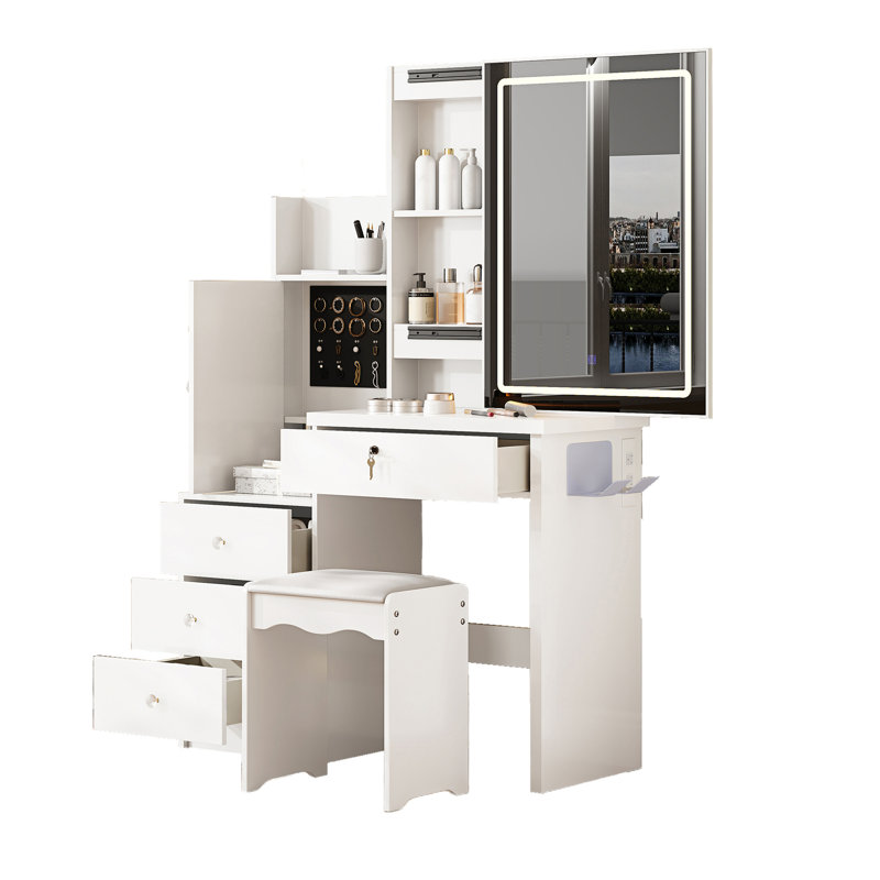 White Vanity Desk With Sliding Mirror, 4 Drawers, 9 Storage Areas, Hidden Compartments And Comfortable Stool. Led Mirror Three Color Temperatures Stepless Dimming. Integrated Power Hub 2 Ac Outlets,