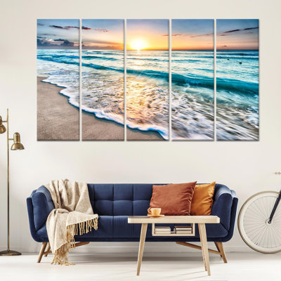 Sunset Ocean Canvas Art: Coastal Holiday Decor, Printed Design,5P Wrapped Canvas